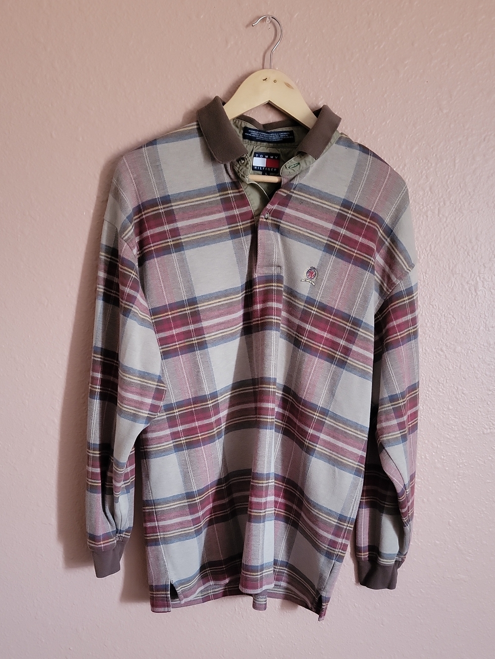 Tommy Hilfiger Men's Plaid Long-Sleeve Polo Vintage Faded Red Tan Brown Blue 90s